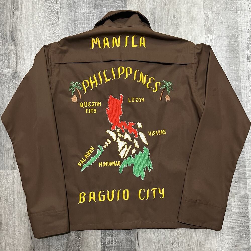 VTG 1960s Manila Phillipines Brown Cotton Souvenir Travel War Army Jacket Brown